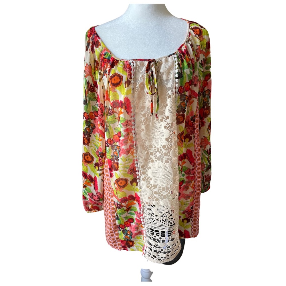 Women’s Valerie Stevens XL Orange Sheer Tunic With Crocheted Bodice